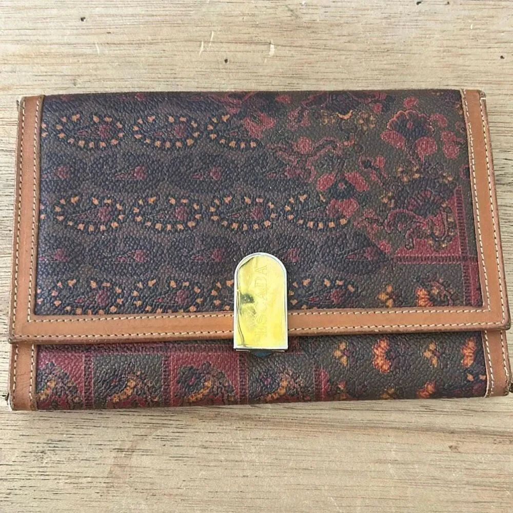 Escada vintage paisley floral leather wallet brown